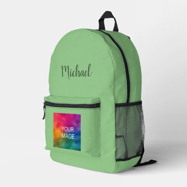 Handwritten Name Custom Sage Green Solid Colour Printed Backpack (Back Corner Right)