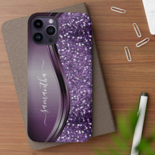 Handwritten Name Glam Purple Metal Glitter  iPhone 12 Case