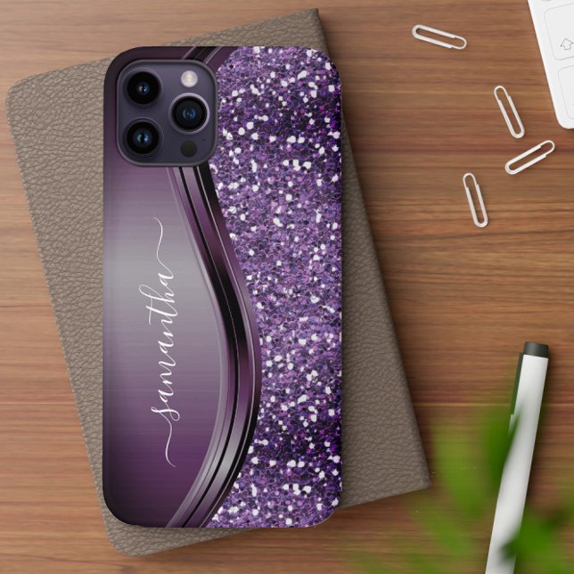 Handwritten Name Glam Purple Metal Glitter  Case-Mate iPhone Case (Creator Uploaded)