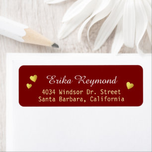 Handwritten Name Gold Hearts dark-red Return Address Label