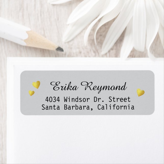 Handwritten Name Gold Hearts Grey Return Address Label (Insitu)