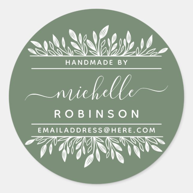 Handwritten Name Sage & White Botanical Handmade Classic Round Sticker (Front)