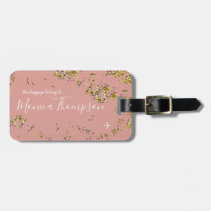 handwritten name + splattered gold dots old-pink luggage tag