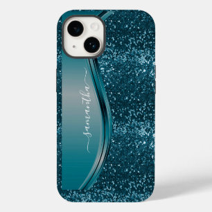 Handwritten Name Teal Blue Metal Glitter 13 iPhone 14 Case