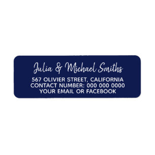 handwritten names + address information on blue return address label