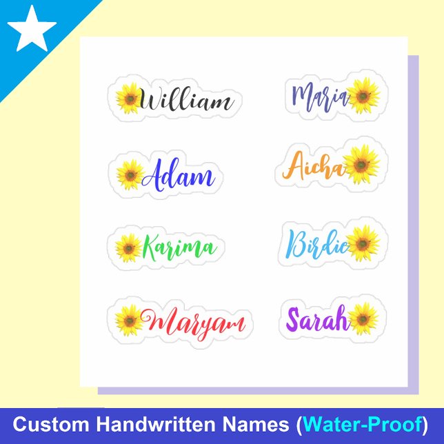 Handwritten Names, Sunflowers: Waterproof Stickers (These vibrant, waterproof stickers combine the cheerful charm of sunflowers with the elegant touch)