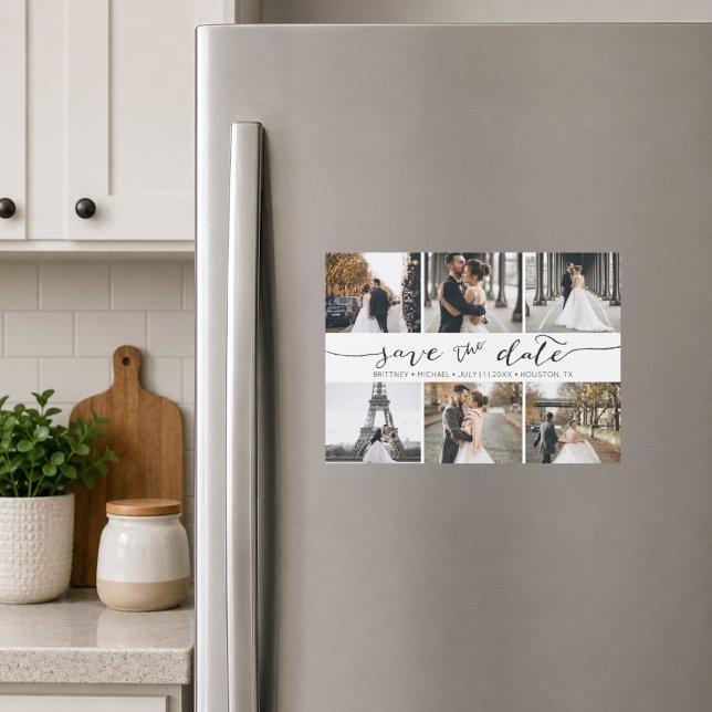 Handwritten Photo Collage Save the Date (Elegant white six photo save the date magnet featuring romantic handwritten script typography )