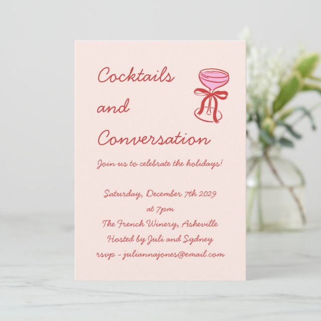 Handwritten Playful Cocktails Holiday Red Pink Invitation (Standing Front)