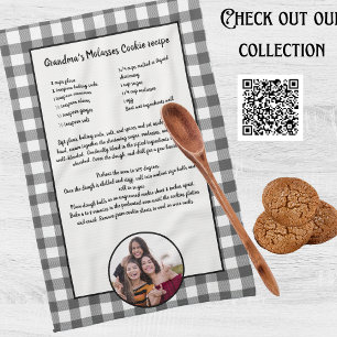Handwritten Recipe Grey White Plaid Photo  Tea Towel