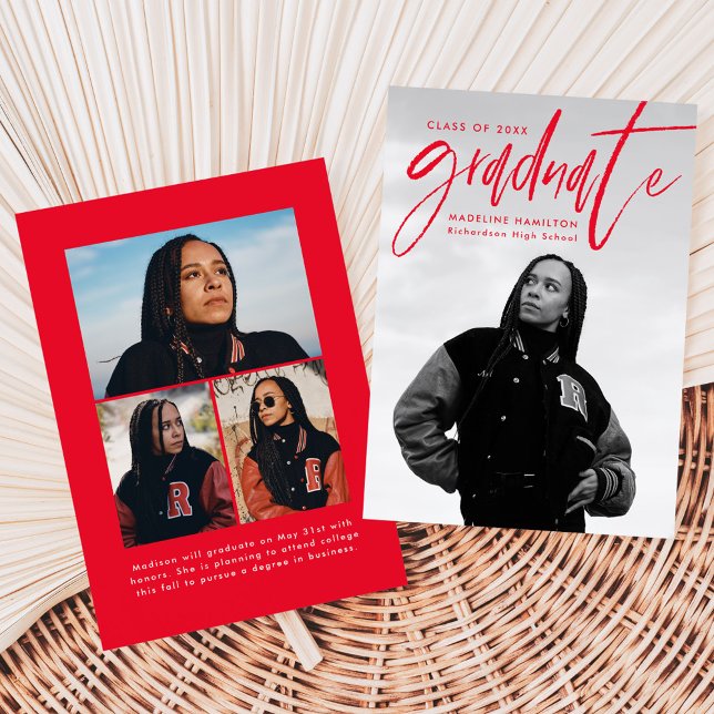 Handwritten Red Brush Script 4 Photo Graduation Announcement (Creator Uploaded)