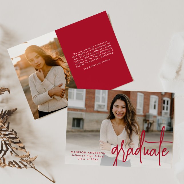 Handwritten Red Script 2 Photo Graduation Announcement (Creator Uploaded)