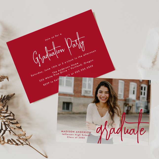 Handwritten Red Script Photo Graduation Party Invitation (Creator Uploaded)