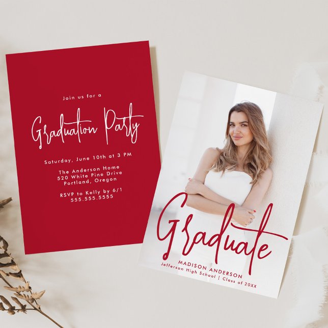 Handwritten Red Script Photo Graduation Party Invitation (Creator Uploaded)
