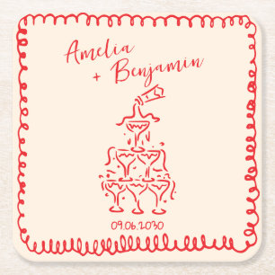 Handwritten retro Champagne Tower Wedding Square Paper Coaster