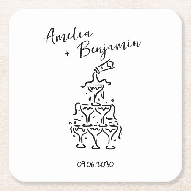 Handwritten  retro Champagne Tower Wedding  Square Paper Coaster (Front)
