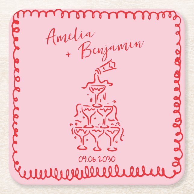 Handwritten  retro Champagne Tower Wedding  Square Paper Coaster (Front)
