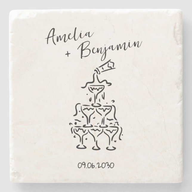 Handwritten  retro Champagne Tower Wedding  Stone Coaster (Front)
