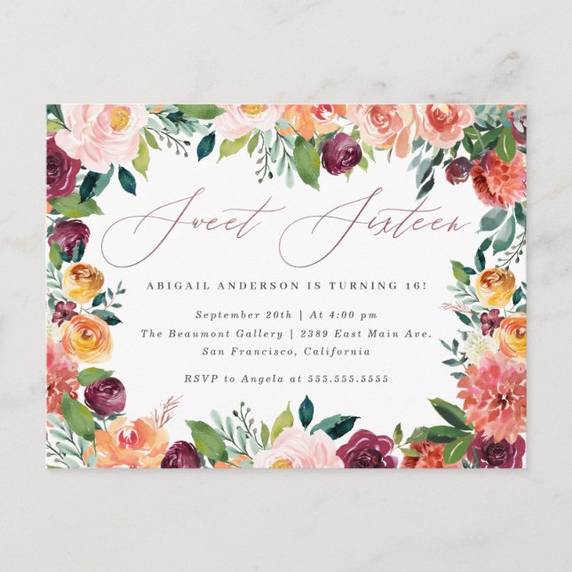Handwritten Rose Gold Sweet 16 Birthday Party Invitation Postcard (Front)