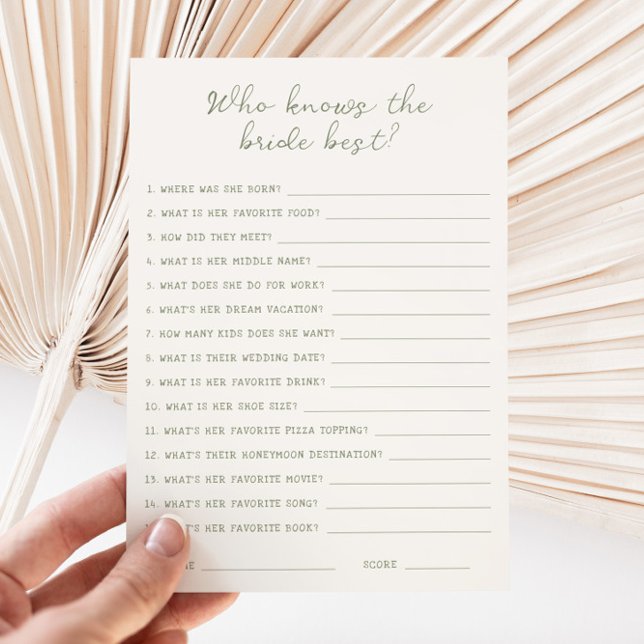 Handwritten Sage Who knows the bride best Card (Creator Uploaded)