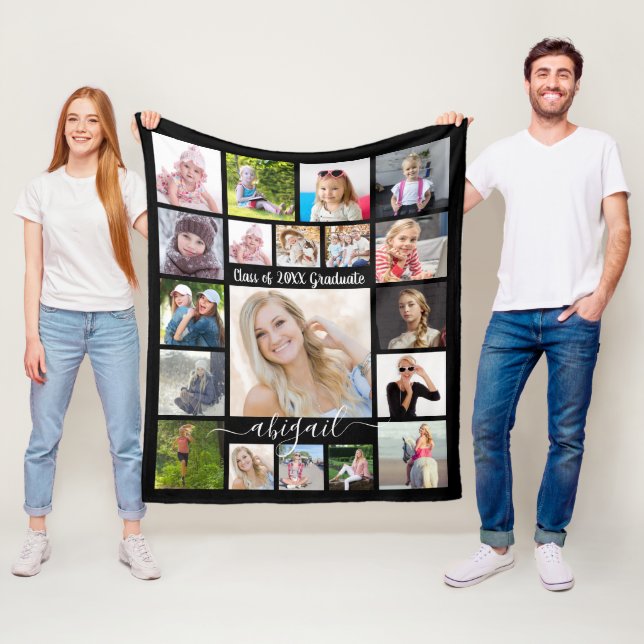 Handwritten Script 19 Photo Collage Graduate Black Fleece Blanket (In Situ)