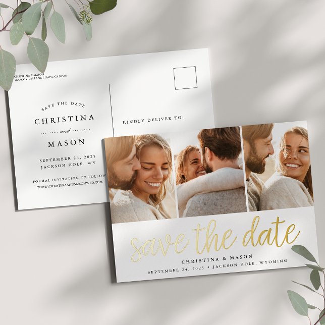Handwritten Script 3 Photo Wedding Save the Date Foil Invitation Postcard (Creator Uploaded)