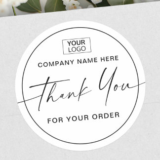 Handwritten script add logo business thank you classic round sticker