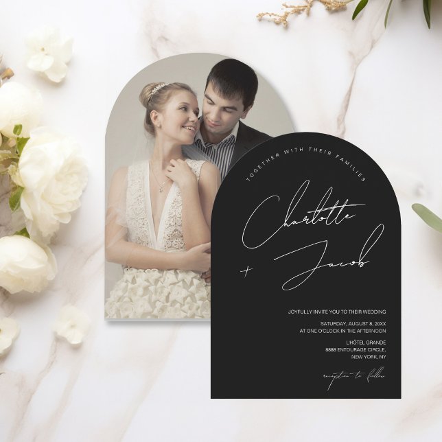 Handwritten Script Arch Photo Black white Wedding Invitation (Black white handwritten script, photo wedding invitation.)