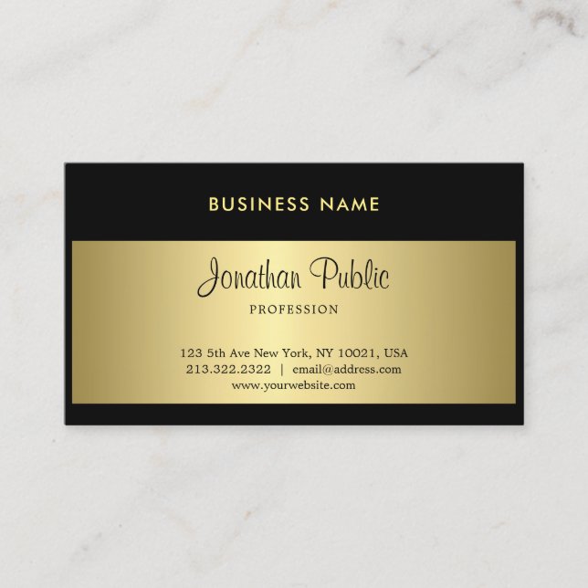 Handwritten Script Black And Gold Fashionable Business Card (Front)