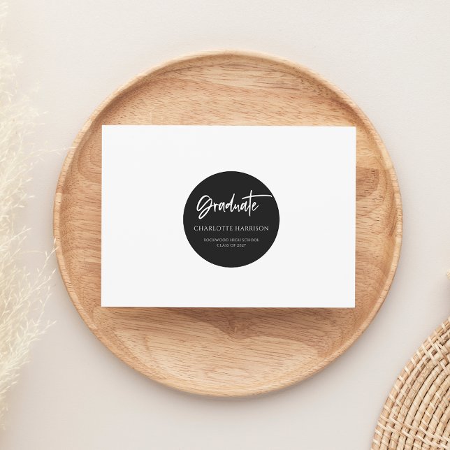 Handwritten Script Black White Graduation Classic Round Sticker (Creator Uploaded)