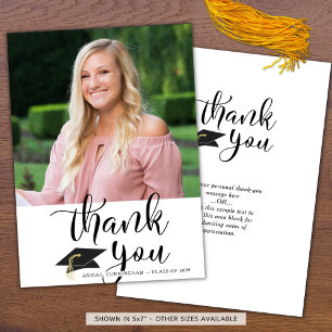 Handwritten Script Black & White Graduation Photo Thank You Card