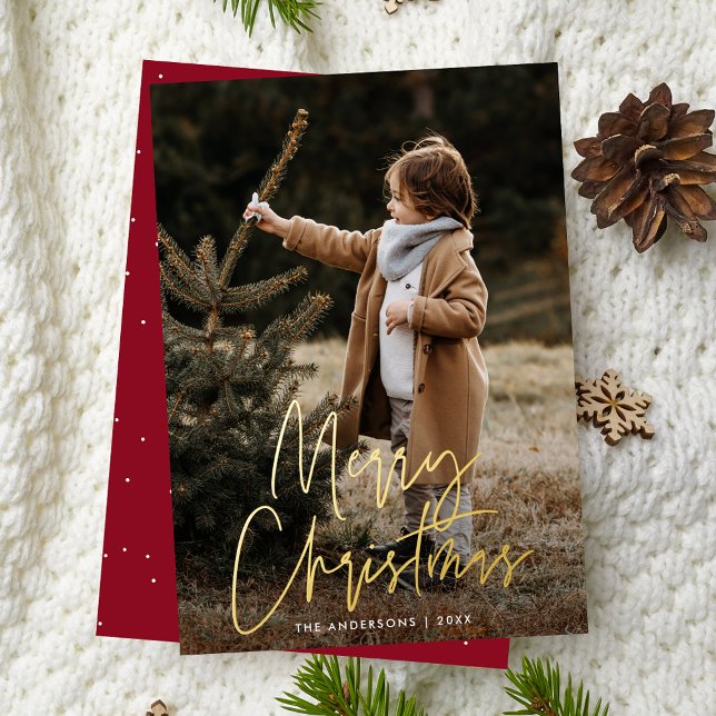 Handwritten Script Burgundy Merry Christmas Photo Foil Holiday Card (Creator Uploaded)