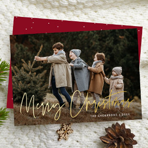 Handwritten Script Burgundy Merry Christmas Photo Foil Holiday Card