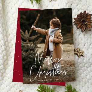Handwritten Script Burgundy Merry Christmas Photo Holiday Card