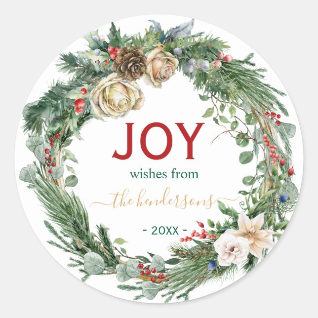 Handwritten Script Christmas Joy Wreath Name  Classic Round Sticker (Front)