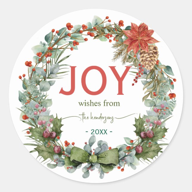 Handwritten Script Christmas Joy Wreath Name Green Classic Round Sticker (Front)