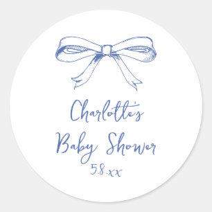 Handwritten Script Coquette Bow Blue Baby Shower Classic Round Sticker