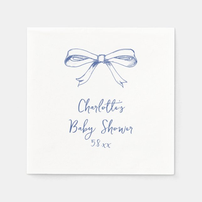 Handwritten Script Coquette Bow Blue Baby Shower Napkin (Front)