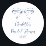 Handwritten Script Coquette Bow Blue Bridal Shower Classic Round Sticker<br><div class="desc">Handwritten Script Coquette Bow Blue Bridal Shower Classic Round Sticker</div>