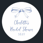 Handwritten Script Coquette Bow Blue Bridal Shower Classic Round Sticker<br><div class="desc">Handwritten Script Coquette Bow Blue Bridal Shower Classic Round Sticker</div>