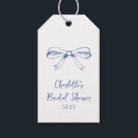 Handwritten Script Coquette Bow Blue Bridal Shower Gift Tags<br><div class="desc">Add a charming touch to your bridal shower favours with these elegant custom gift tags. Featuring a delicate hand-drawn bow and stylish script font, they bring a timeless and sophisticated feel to your celebration. Personalise with the bride's name and event date for a thoughtful detail guests will love. Perfect for...</div>