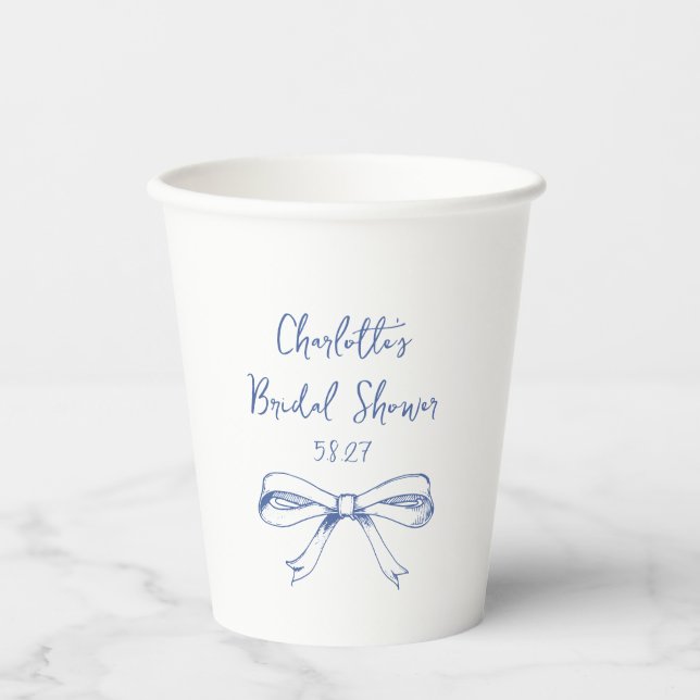 Handwritten Script Coquette Bow Blue Bridal Shower Paper Cups (Front)