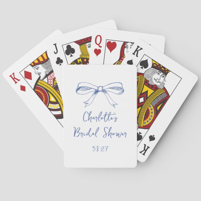 Handwritten Script Coquette Bow Blue Bridal Shower Playing Cards (Back)