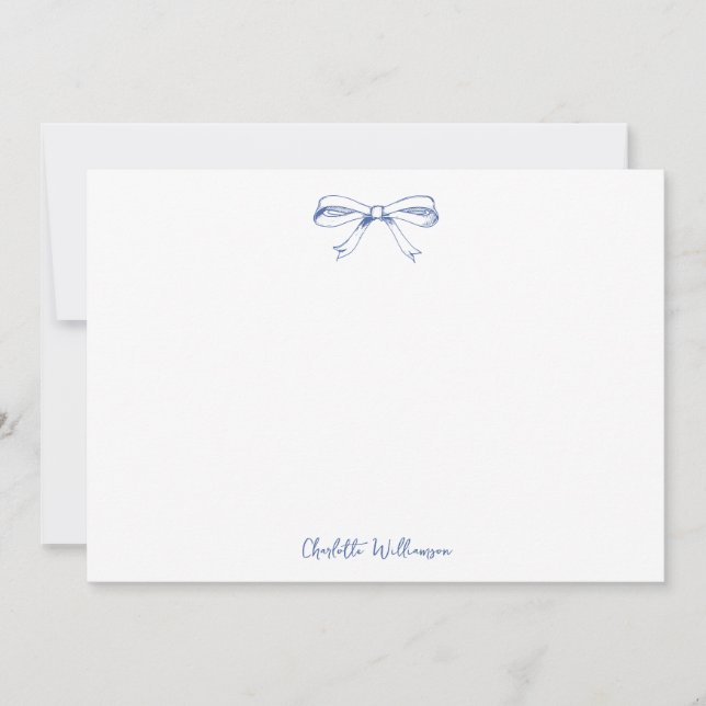 Handwritten Script Coquette Bow Blue Bridal Shower Thank You Card (Front)