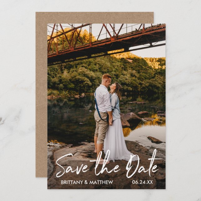Handwritten Script Couple Photo Kraft Save The Date (Front/Back)
