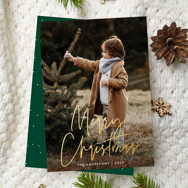 Handwritten Script Green Merry Christmas Photo Foil Holiday Card (Creator Uploaded)