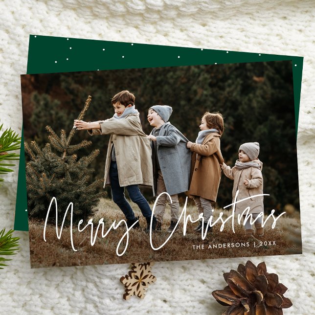 Handwritten Script Green Merry Christmas Photo Holiday Card (Creator Uploaded)