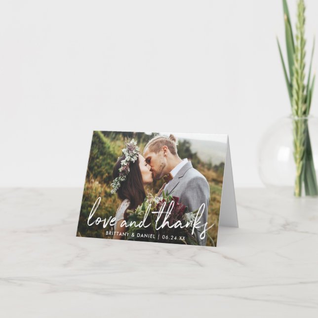 Handwritten Script Love and Thanks Wedding Note Thank You Card (Front)