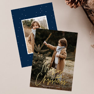 Handwritten Script Merry Christmas Navy 2 Photo Foil Holiday Card