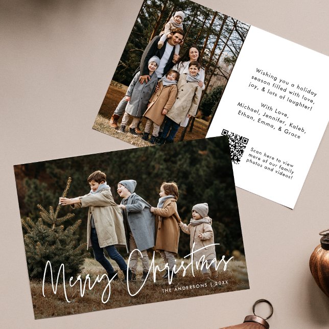Handwritten Script Merry Christmas QR Code 2 Photo Holiday Card (Creator Uploaded)