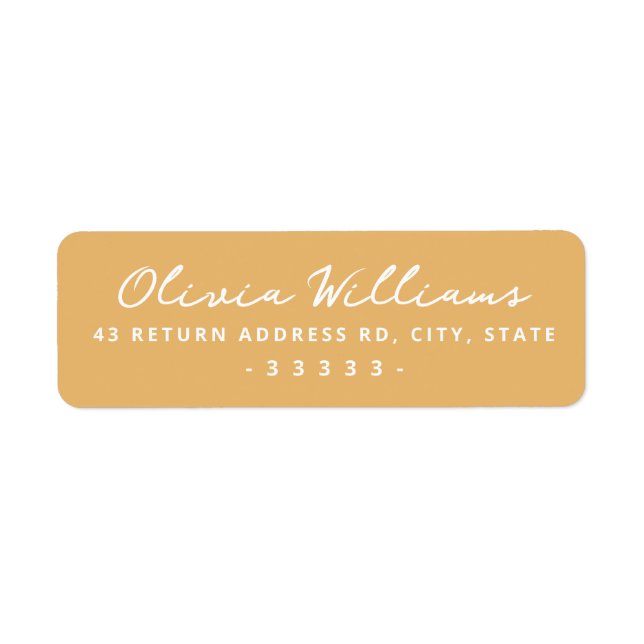 Handwritten script mustard return address label (Front)